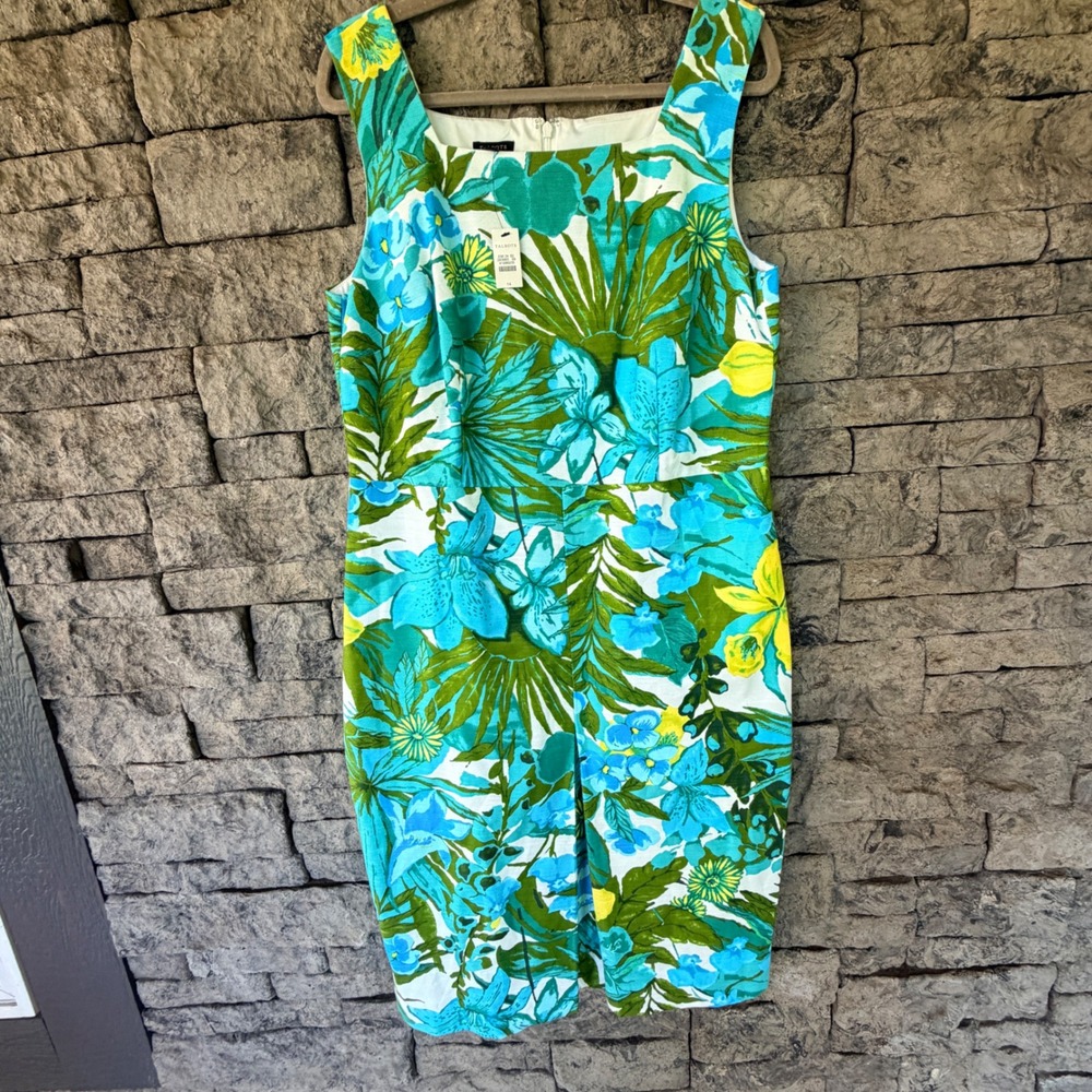 NWT Talbots Floral Sheath Dress Cotton Lined Size 14 Tropical Stretch Coastal